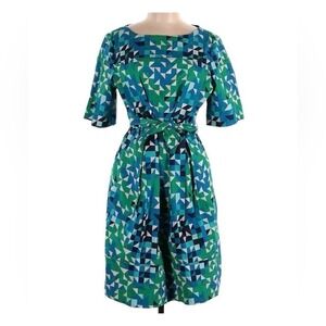 Tory‎ Burch Geometric Pattern Knee-Length Belted Sheath Dress Blue Green Size 8
